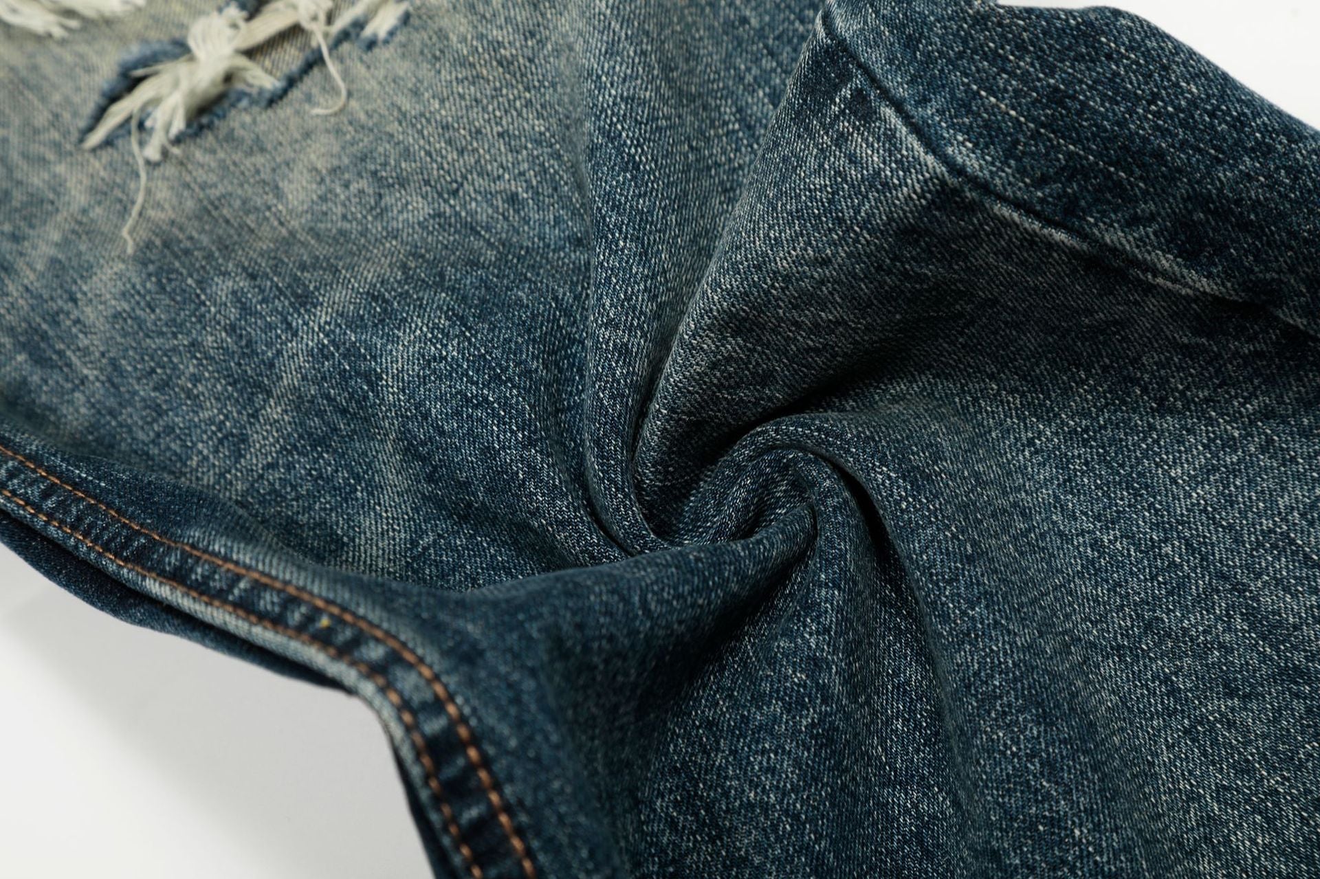Damage Whisker Wash Straight Denim Jeans