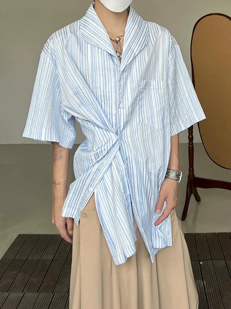 Stripe Irregular Cuban Collar Short Sleeve Shirt
