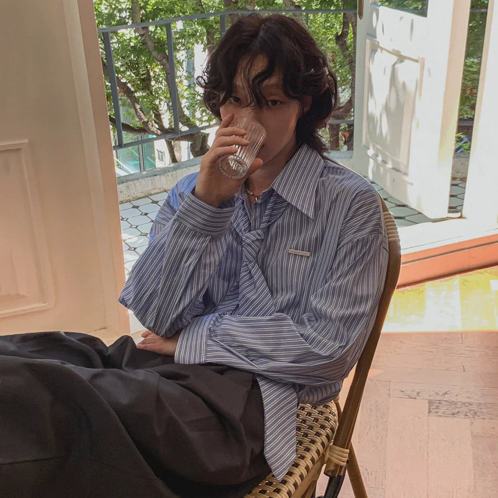 With Tie Striped Oversize Long Sleeve Shirt