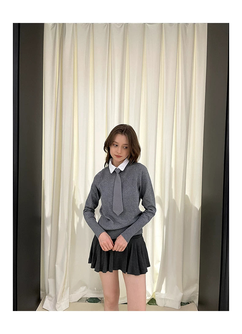 Collar Knit Sweater & Pleats Short Skirt Setup