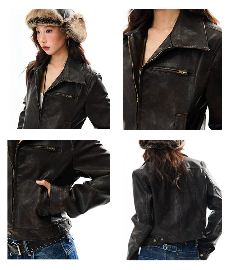 PU Leather Washed Zipper Short Length Jacket