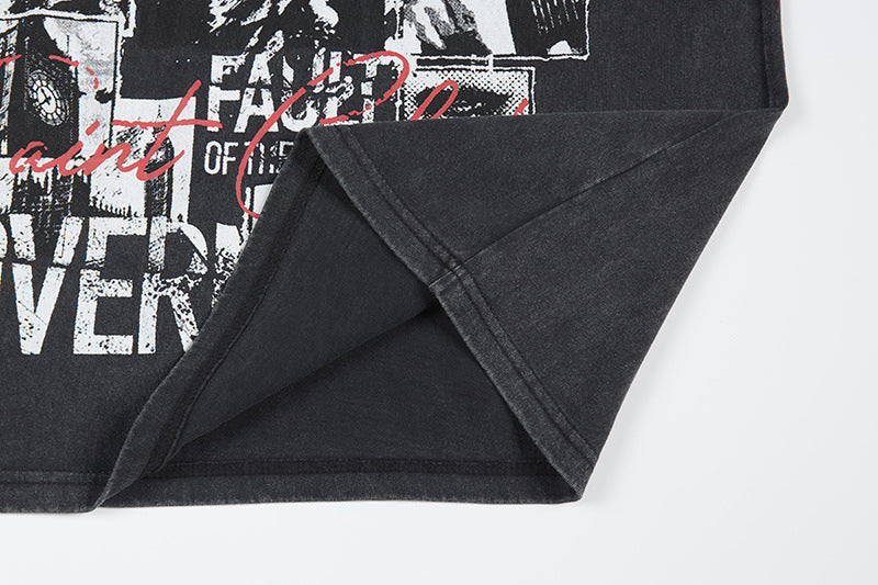Graphic Print Wash Damage Cotton Short Sleeve T-Shirt