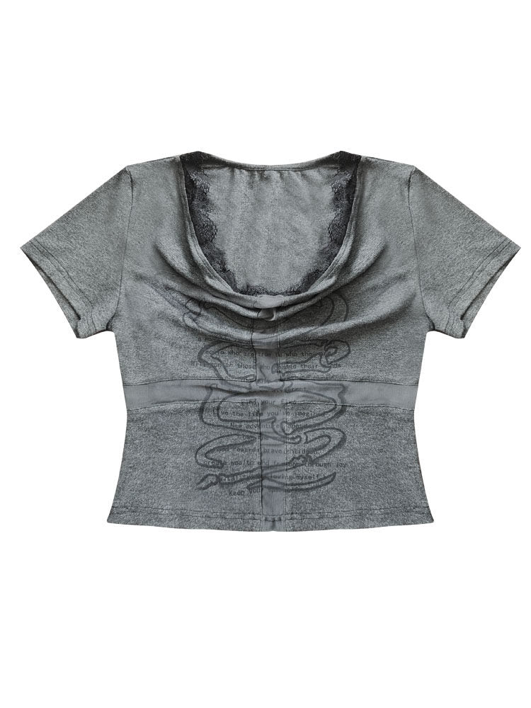 Cutout Cross Print Lace Short Sleeve T-Shirt