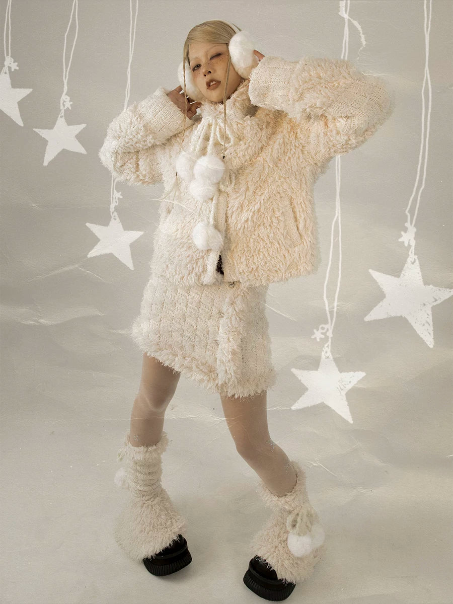 Fleece Lining Soft Fuzzy Knit Cardigan & Half Skirt Setup