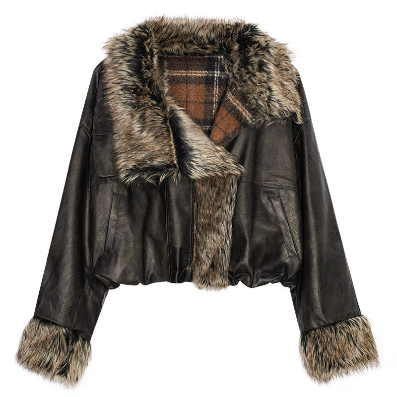 Reversible Fake Fur PU Leather Jacket & Skirt Setup