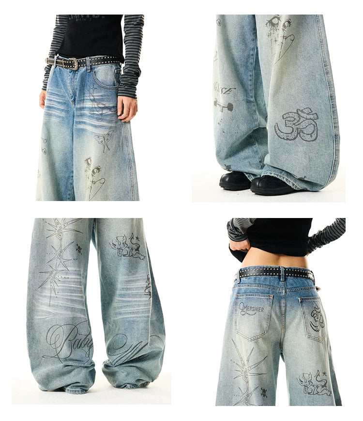 Washed Graffiti Print Wide Leg Denim Jeans