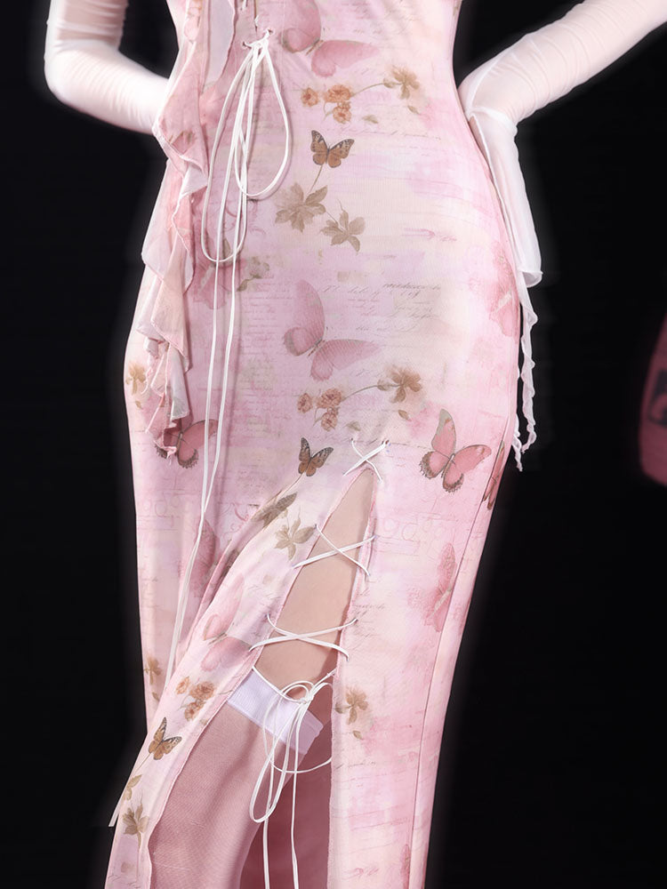 Butterfly Print Slit Tie-Strap Long Cheongsam Dress