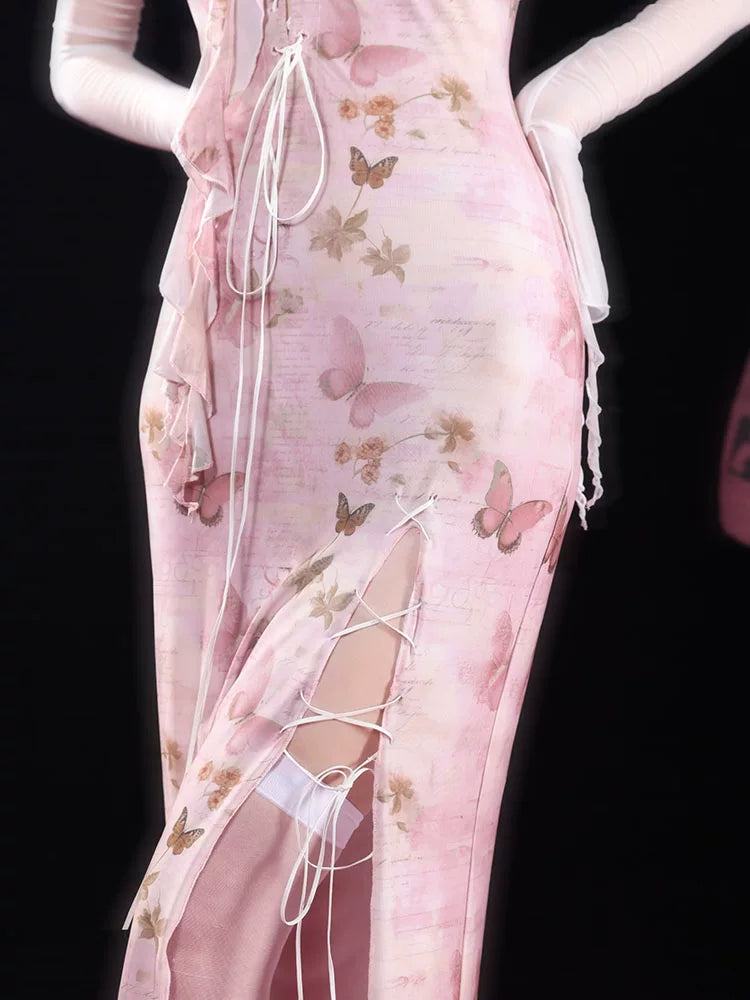 Butterfly Print Slit Tie-Strap Long Cheongsam Dress