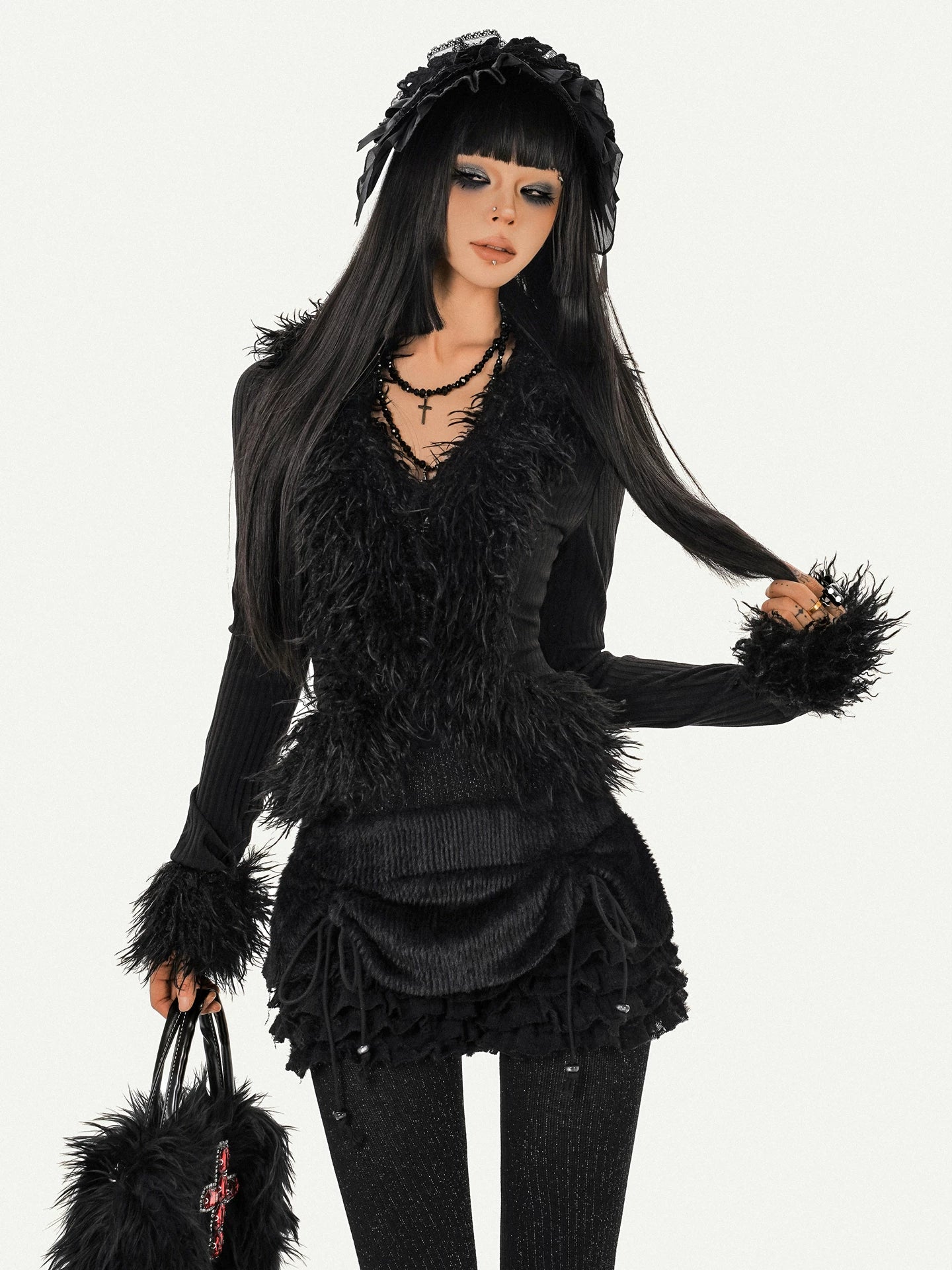 Fur Decor V-Neck Tie Knit Cardigan