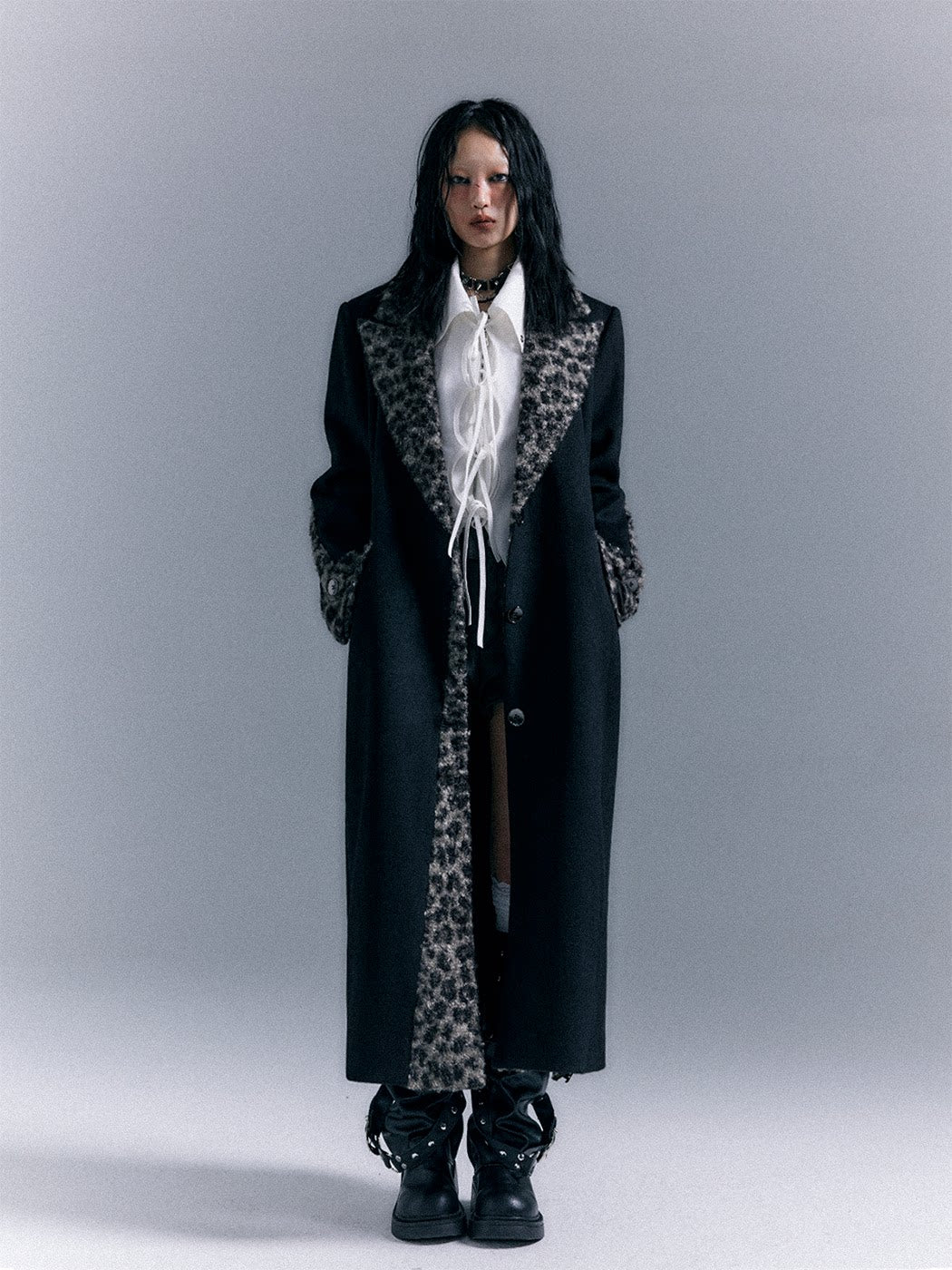 Shoulder Pad Leopard Print Patchwork Wool Coat