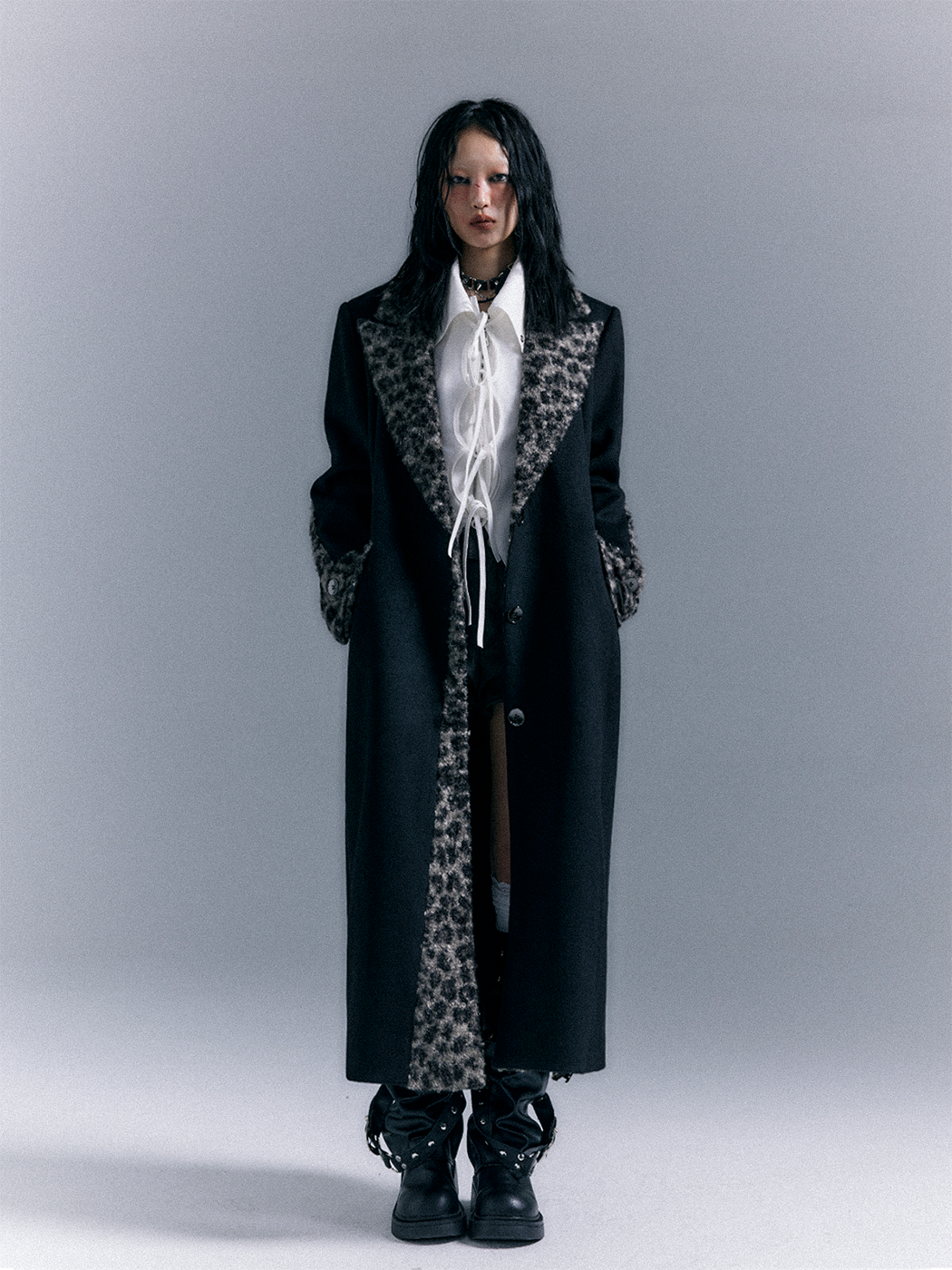 Shoulder Pad Leopard Print Patchwork Wool Coat