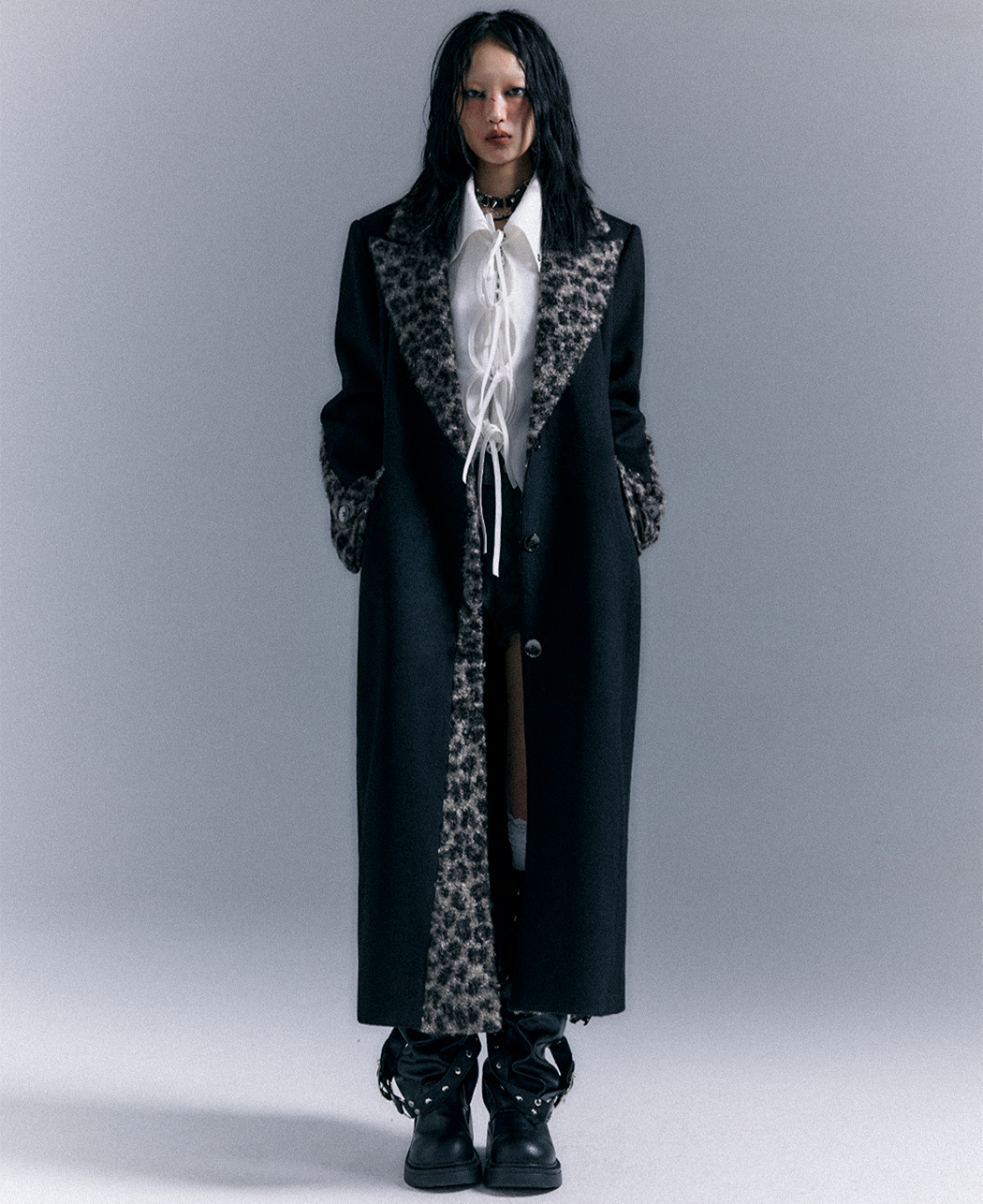 Shoulder Pad Leopard Print Patchwork Wool Coat