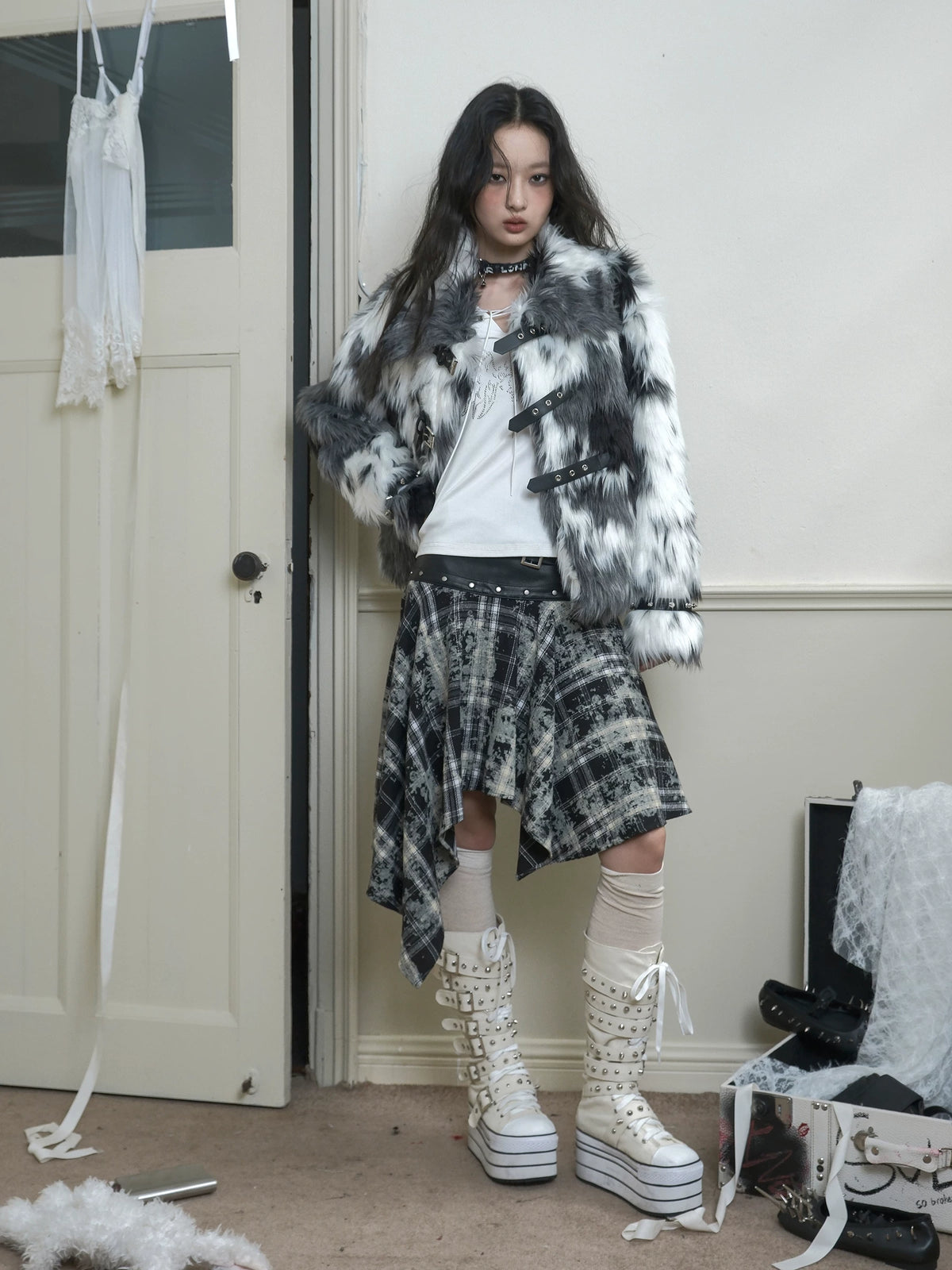 Studded Black And White Fake Fur Short Jacket