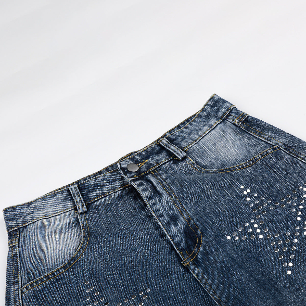 Washed Star Rhinestone Wide Leg Denim Jeans