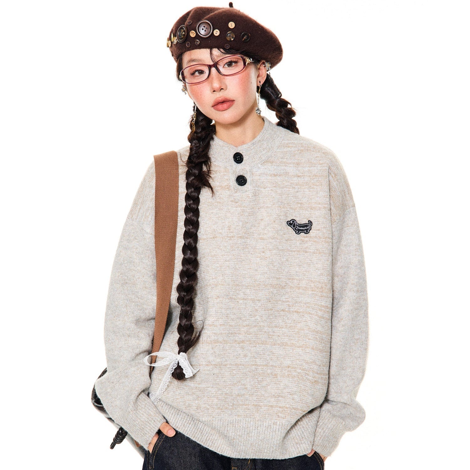 Button-Detail Stand Neck Knit Sweater