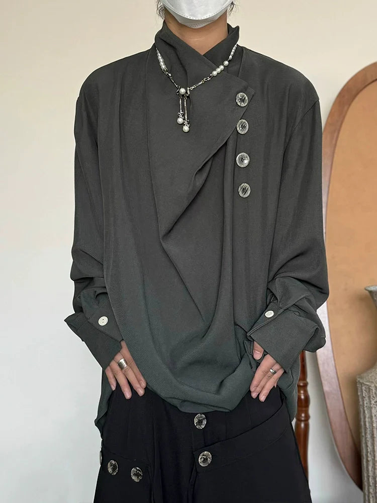 Standing-Collar Irregular Neckline Elegant Long Sleeve Shirt