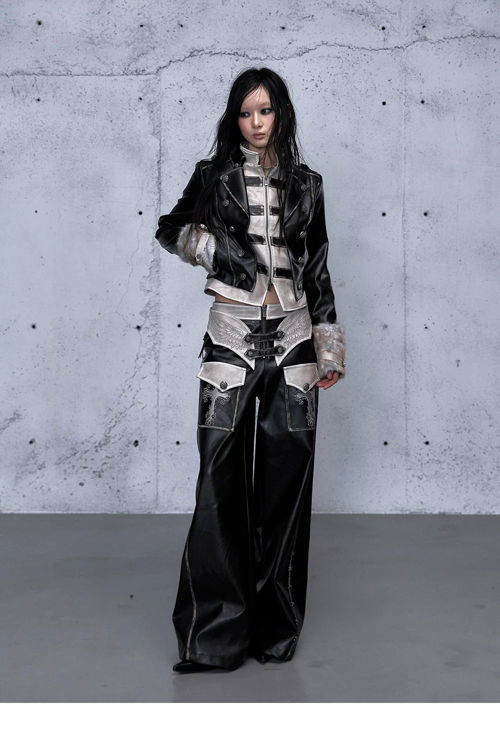 Lace Panel Buckle Detail Wide Leg PU Leather Pants
