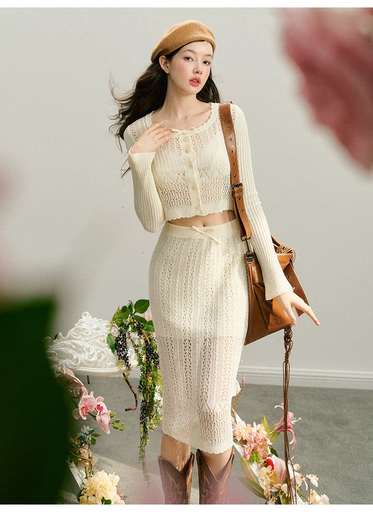 Hollow Out Button Knit Cardigan & Half Skirt Setup