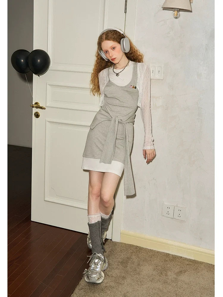 Splicing Fake Layered Round Neck Waist Cinching Dress