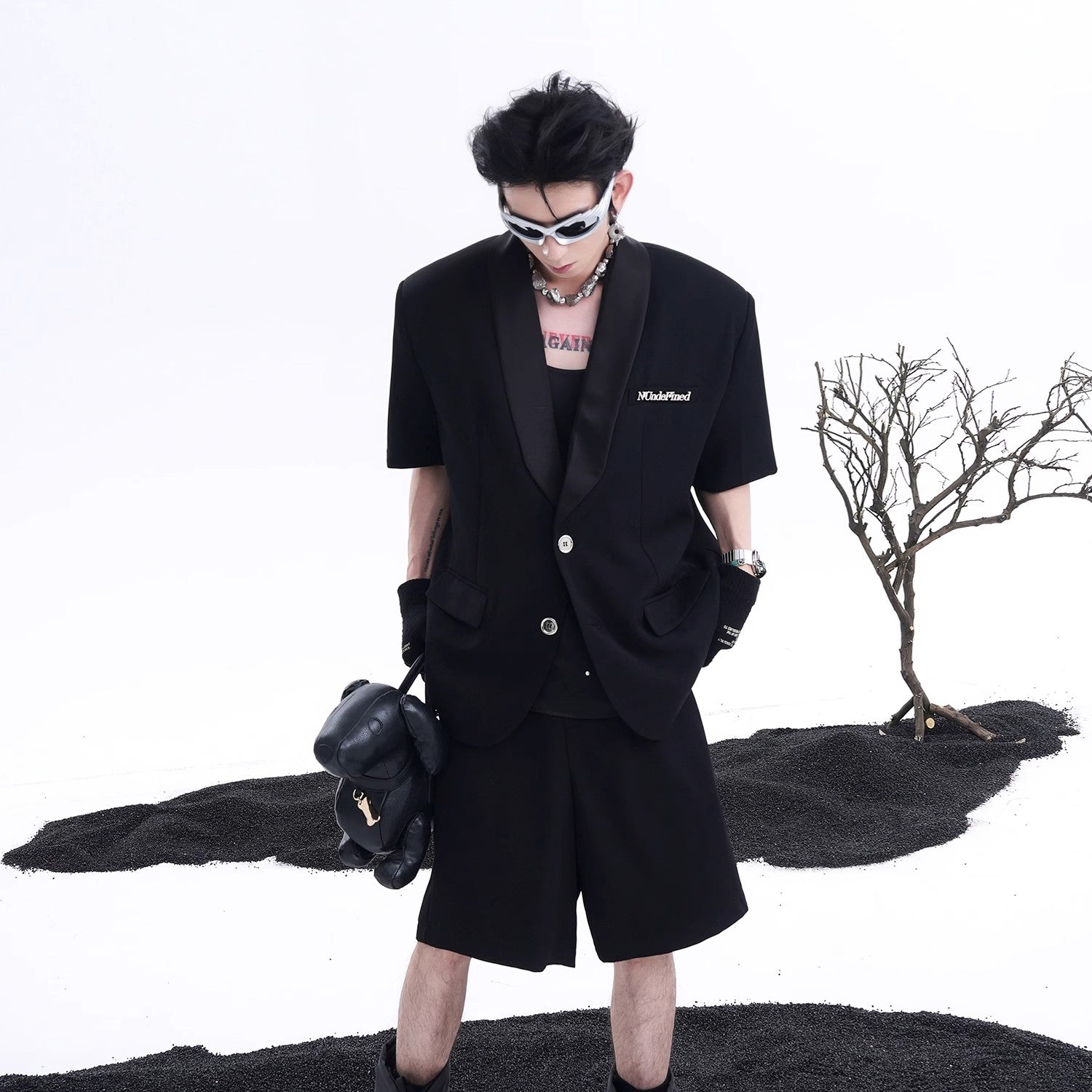 Oversize Short Sleeve Tailored Jacket & Wide-Leg Straight Shorts Setup