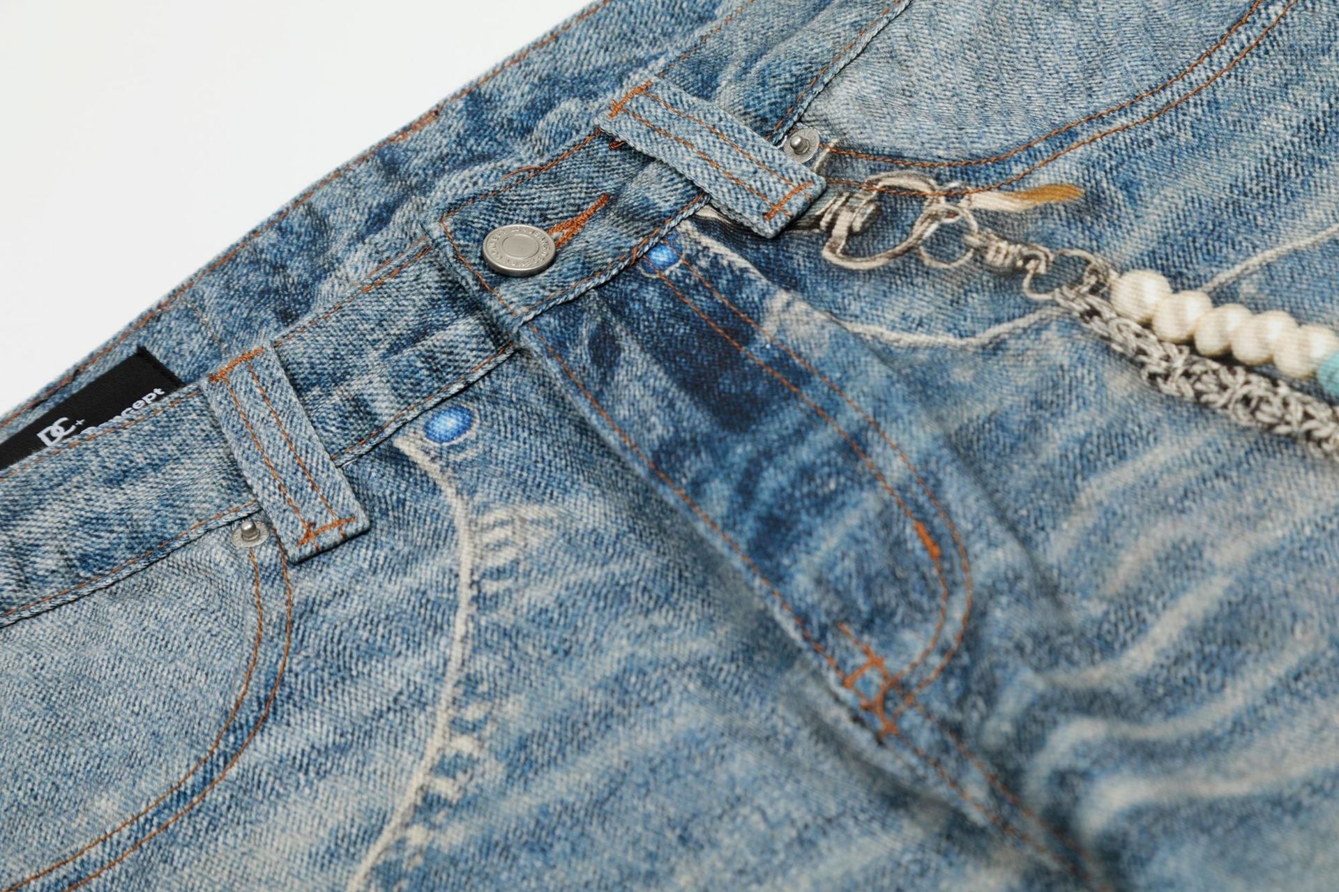 Digital Print Chain Wide Leg Denim Jeans