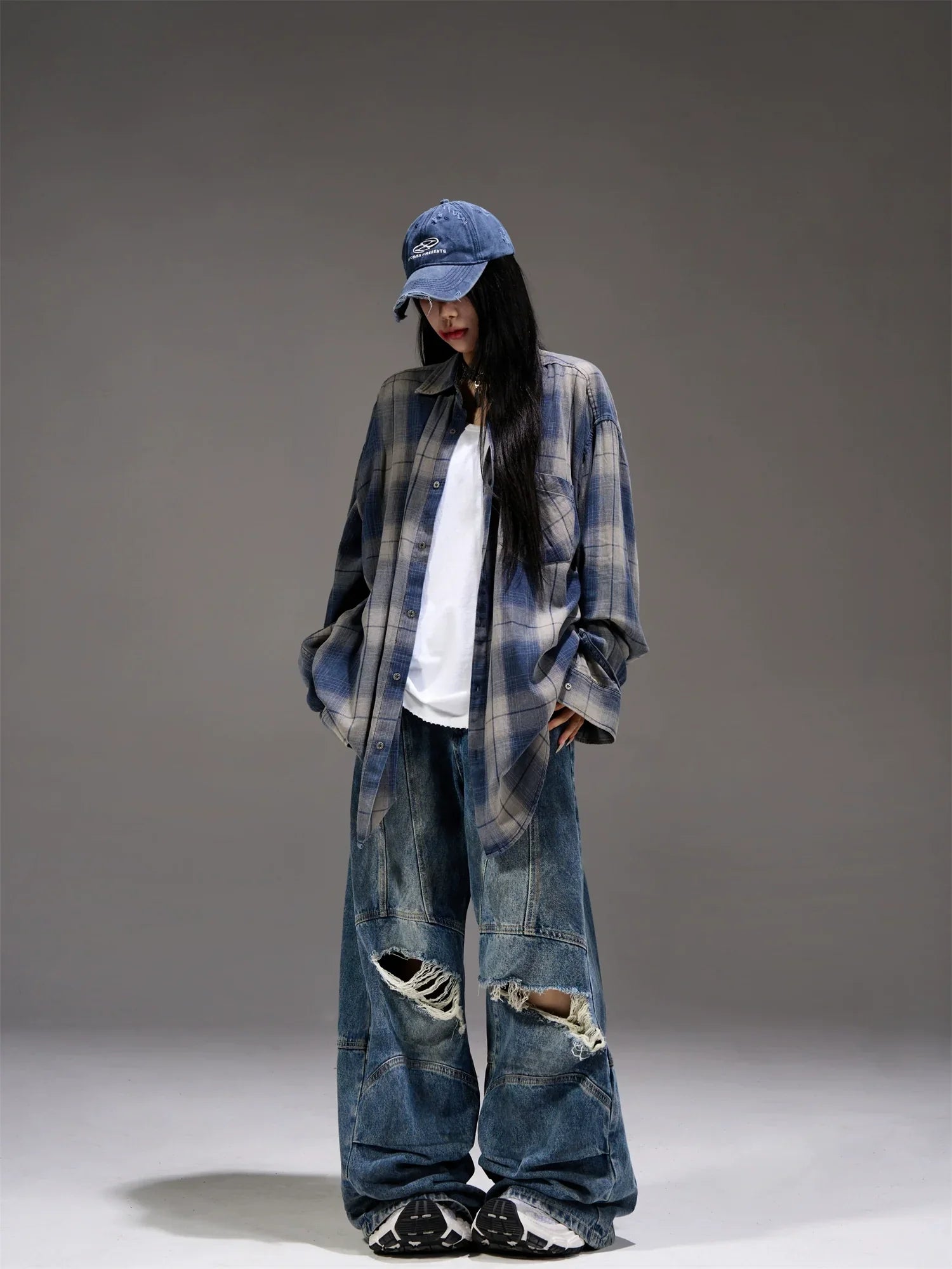 Gradient Plaid Long Sleeve Oversize Shirt