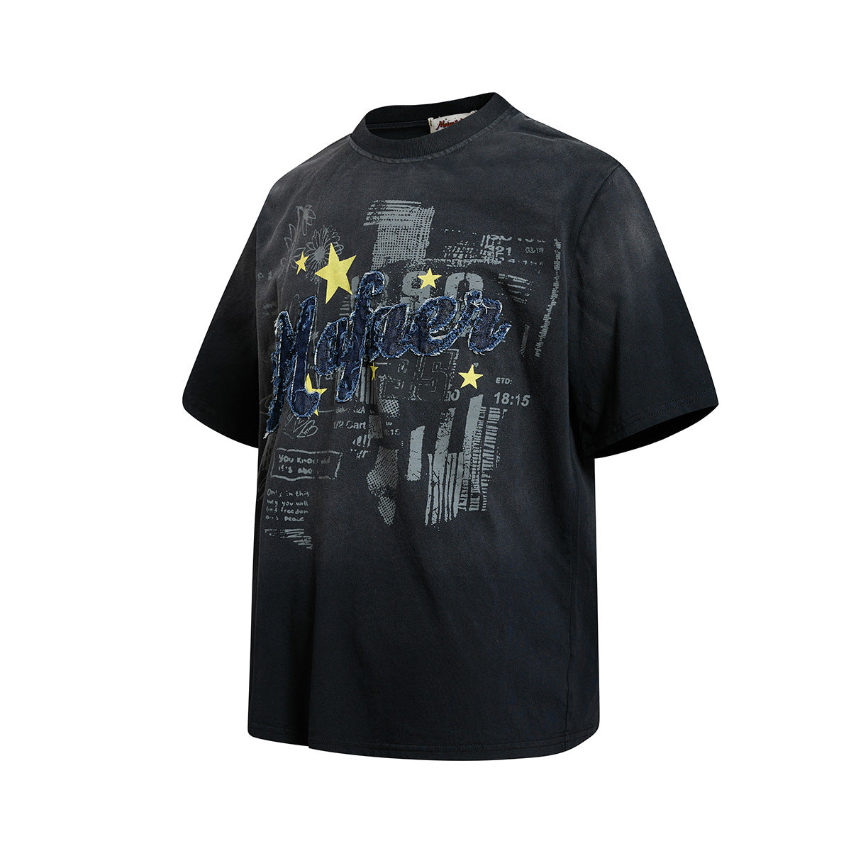 Star Applique Embroidery Washed Short Sleeve T-Shirt