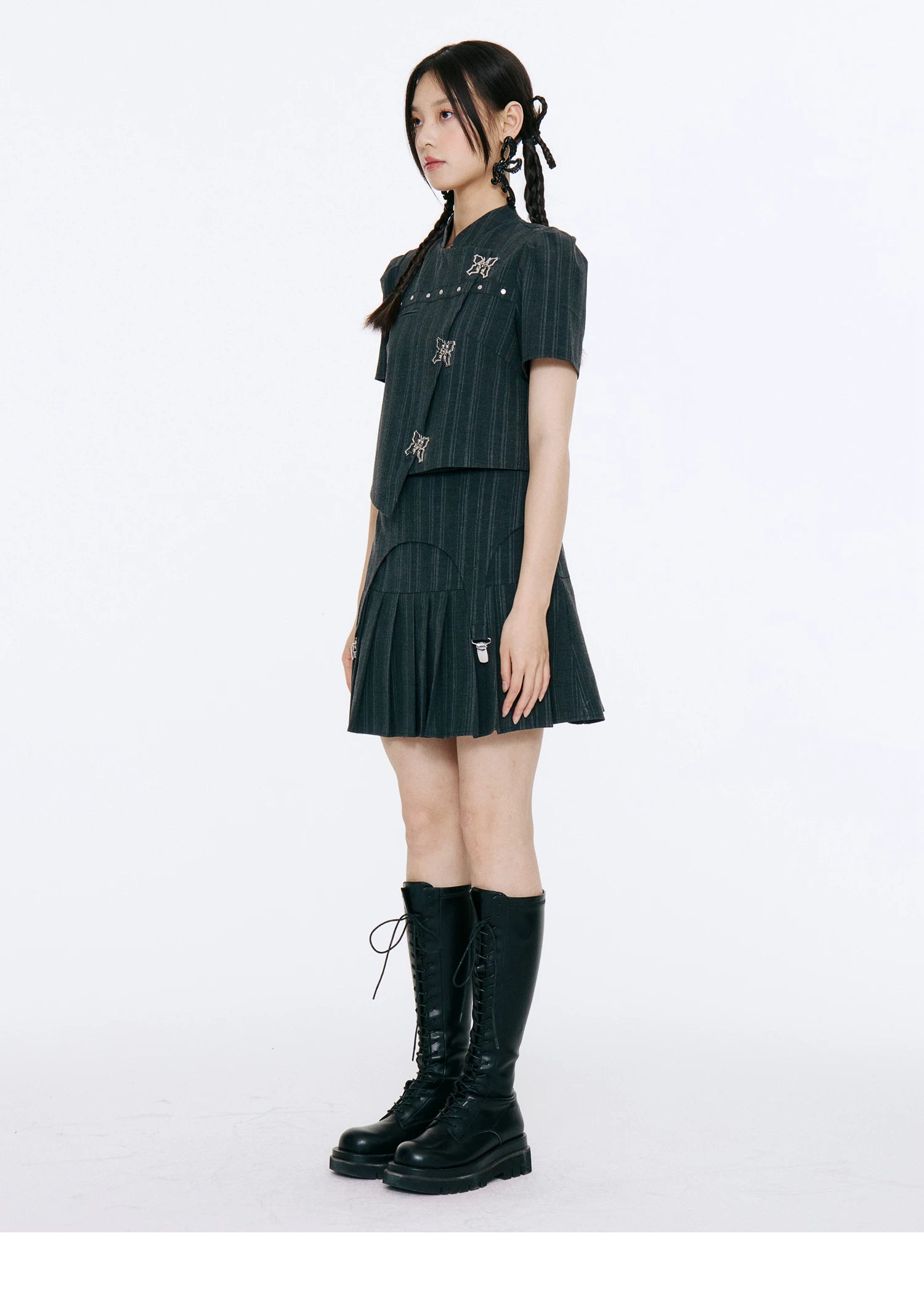 Bow Detail Pinstripe Cropped Shirt & Pleated Skirt Setup