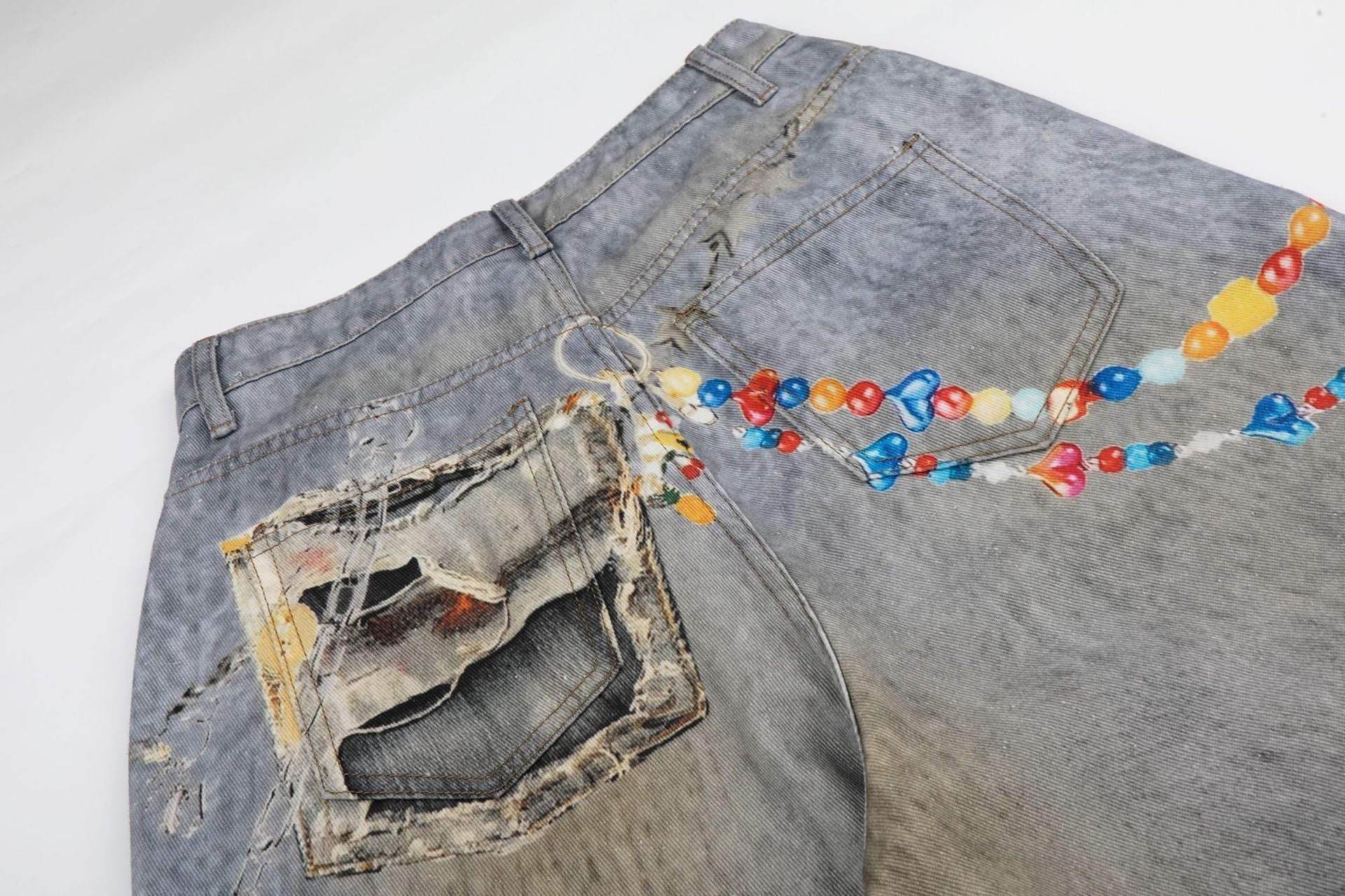 Washed Damage Embroidery Wide Leg Denim Jeans