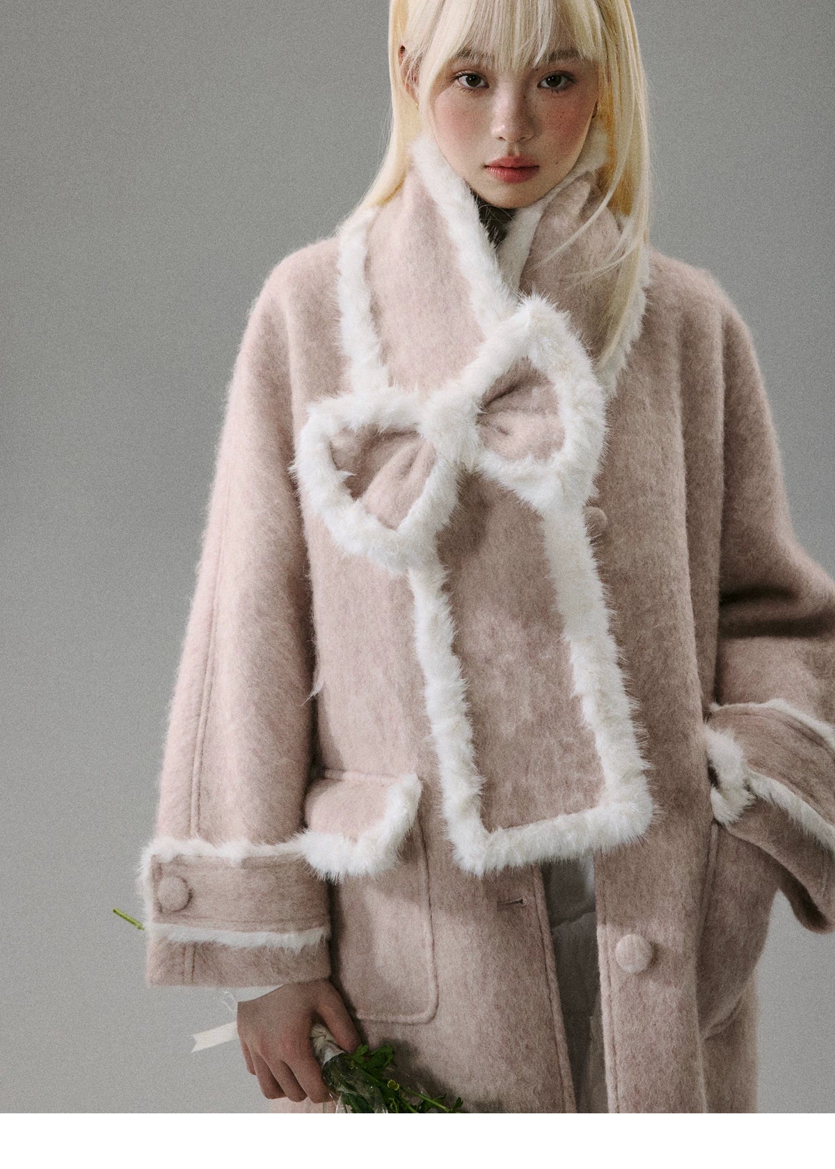 Cherry Blossom Tweed Water Ripple Bow Detachable Scarf Coat