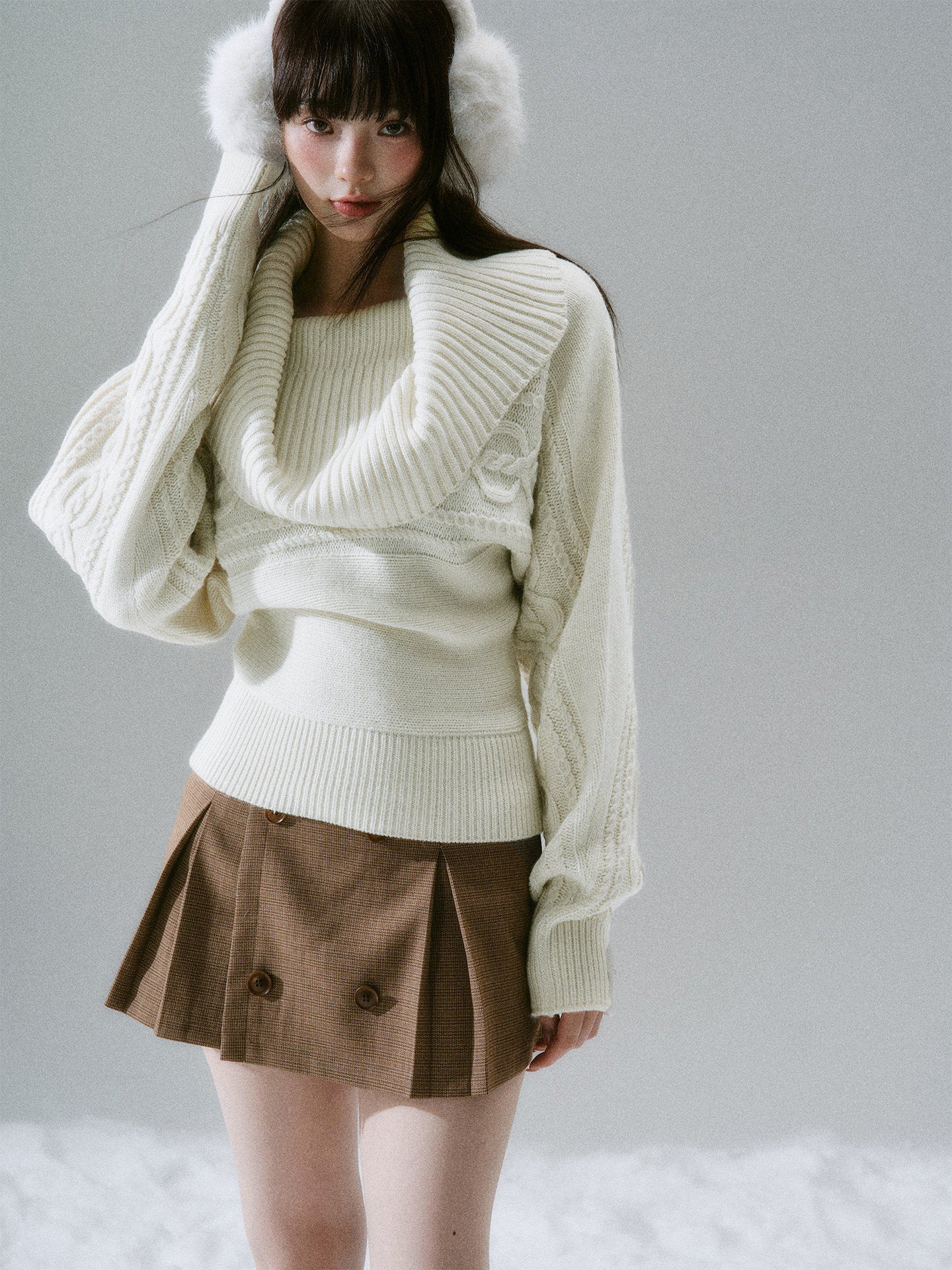 Ribbed Cowl Neck Cable Sleeve Knit Sweater
