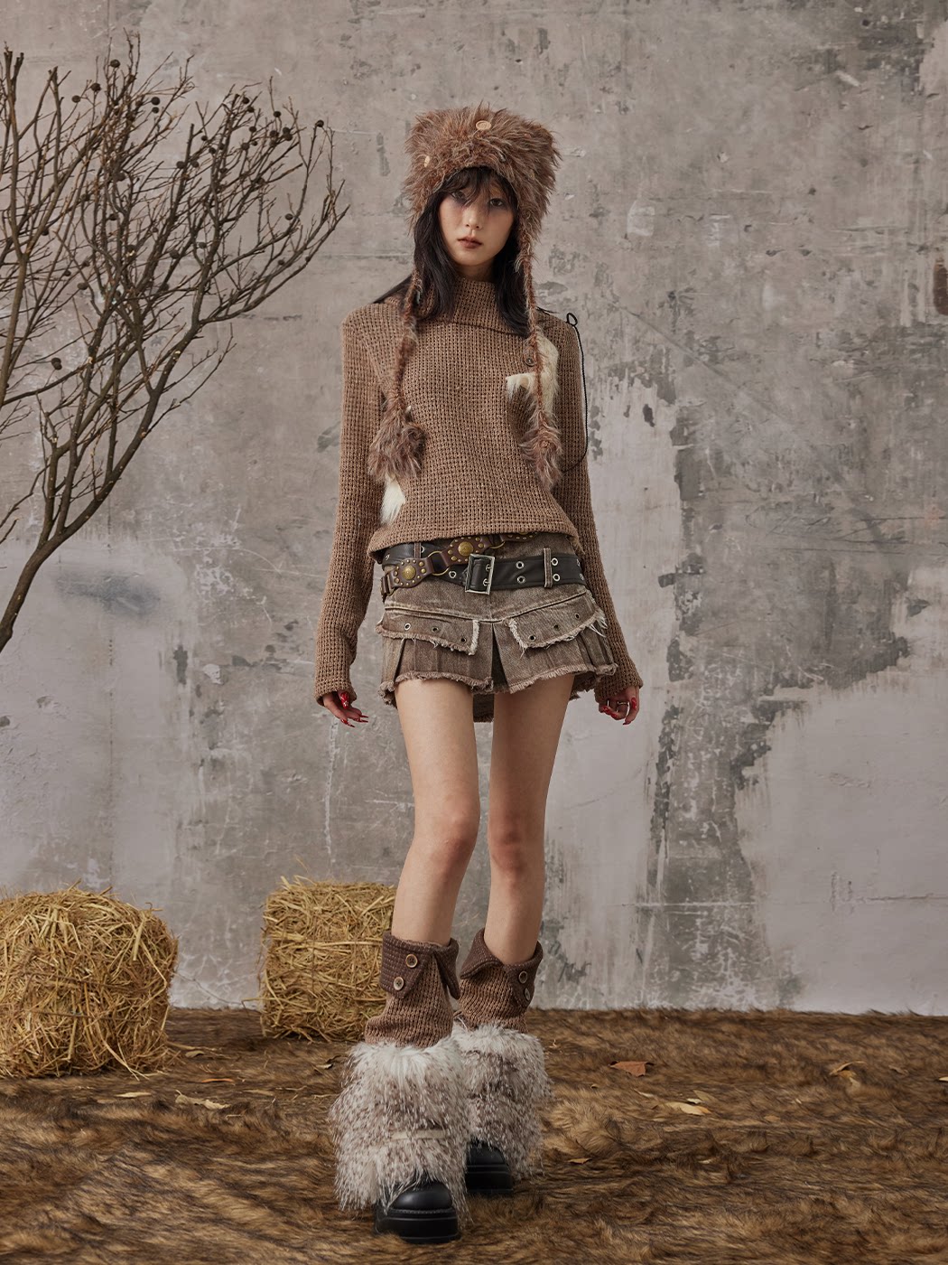 Patchwork Knit Button Fuzzy Leg Warmers