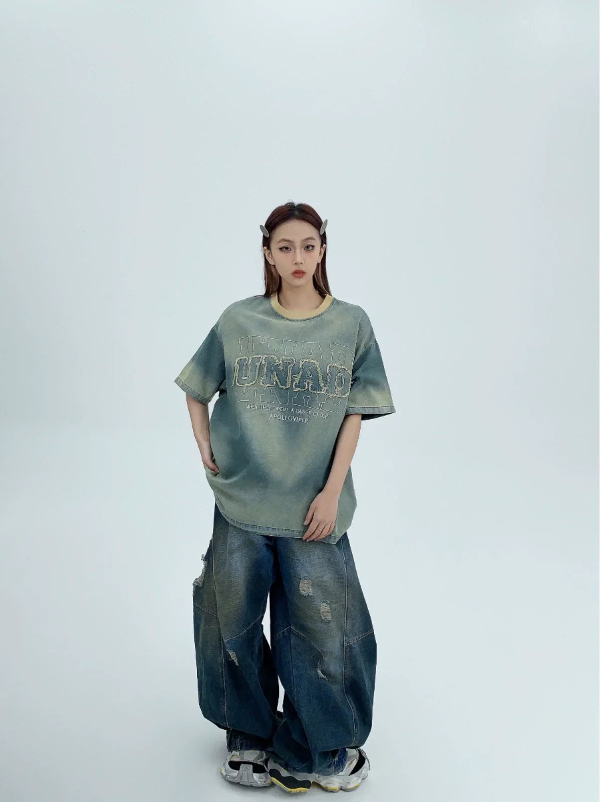 Patch Embroidery Oversized Denim Short Sleeve T-Shirt