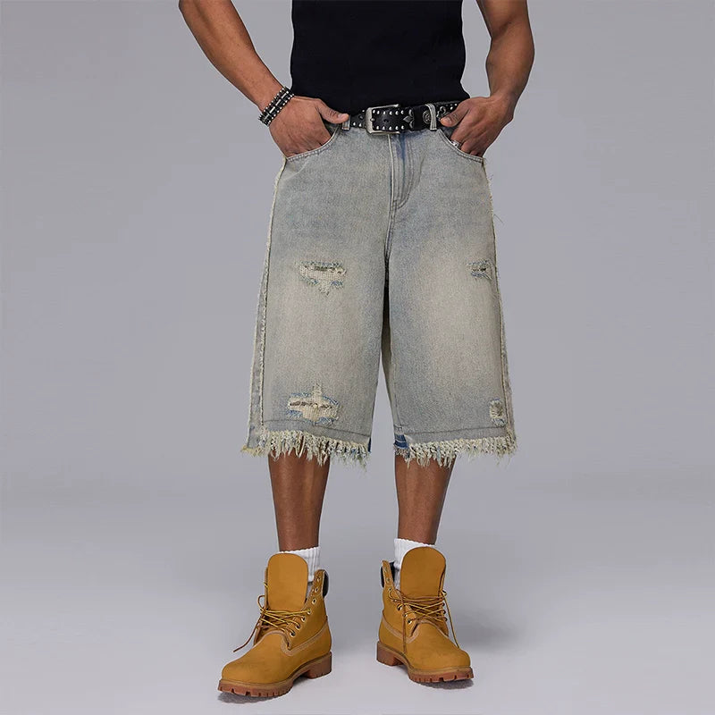 Washed Patchwork Raw Hem Denim Half Jeans
