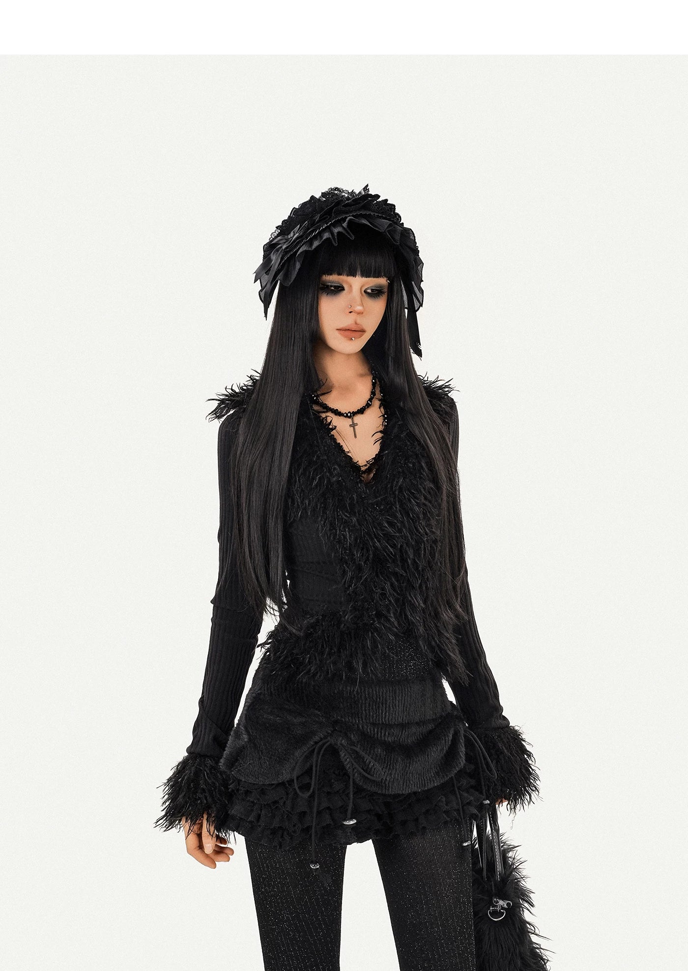 Fur Decor V-Neck Tie Knit Cardigan
