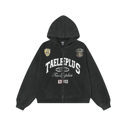 Washed Print Zipper Hoodie - Black / M