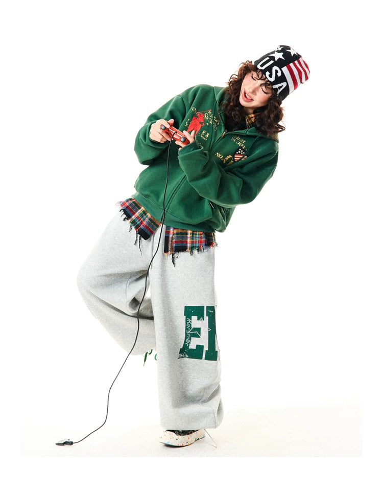 Letter Embroidery Washed Zipper Hoodie