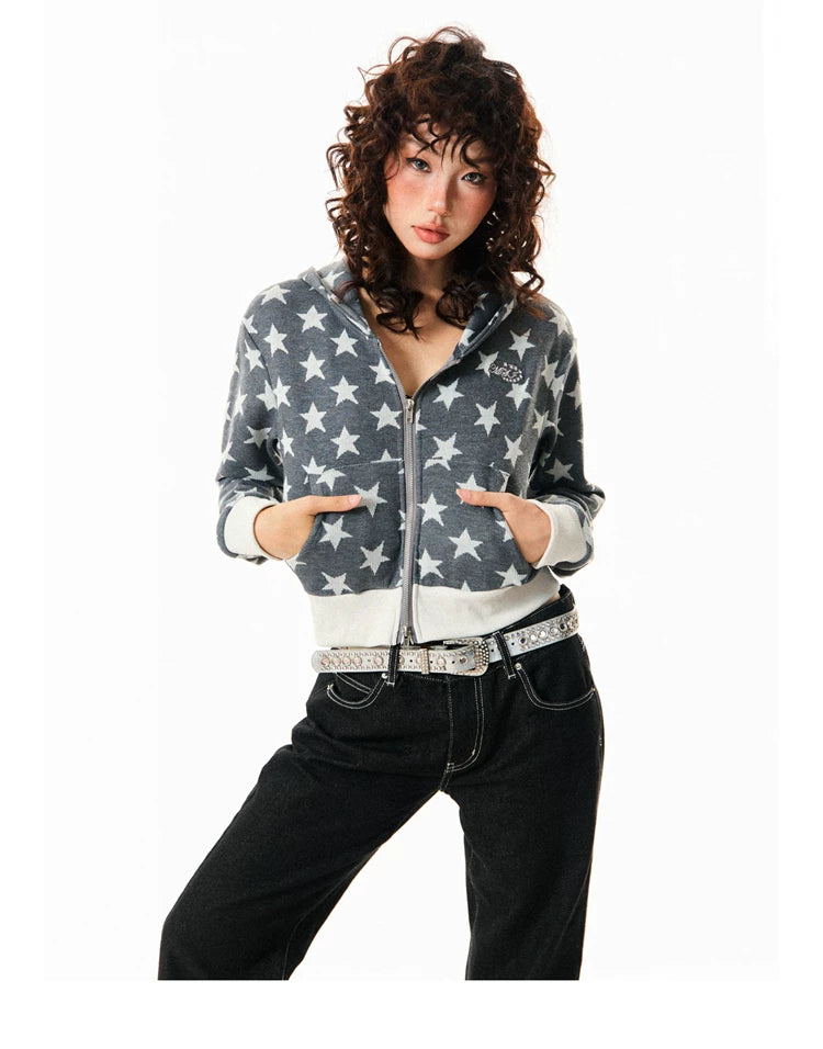 Star Print Cropped Zip-Up Hoodie