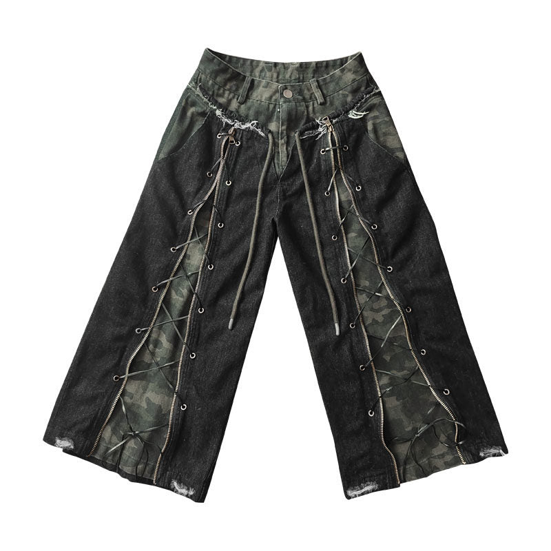 Camouflage Lace-Up Damage Cropped Denim Jeans & Scarf Set