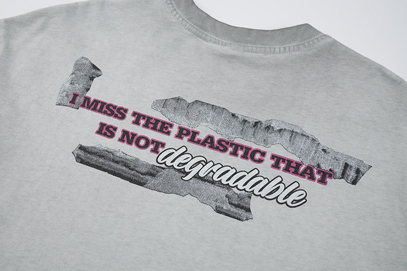 Washed Portrait Letter Print Short Sleeve T-Shirt
