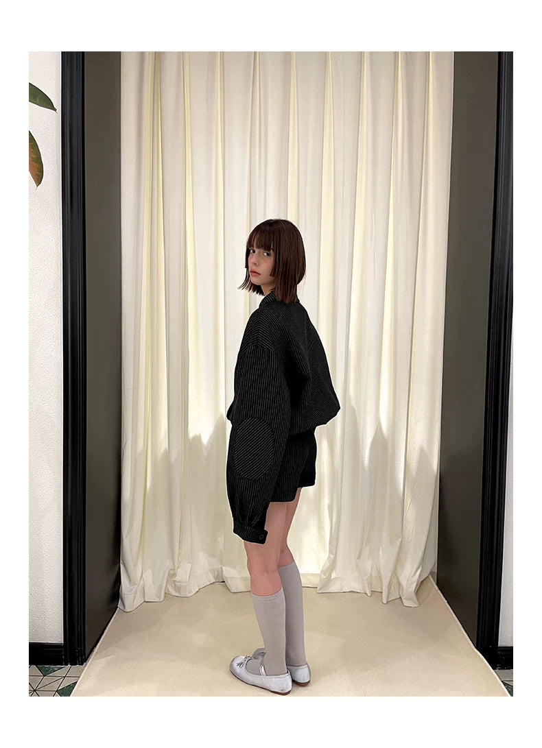 Stripe Polo Collar Jacket & Pleated Short Skirt Setup