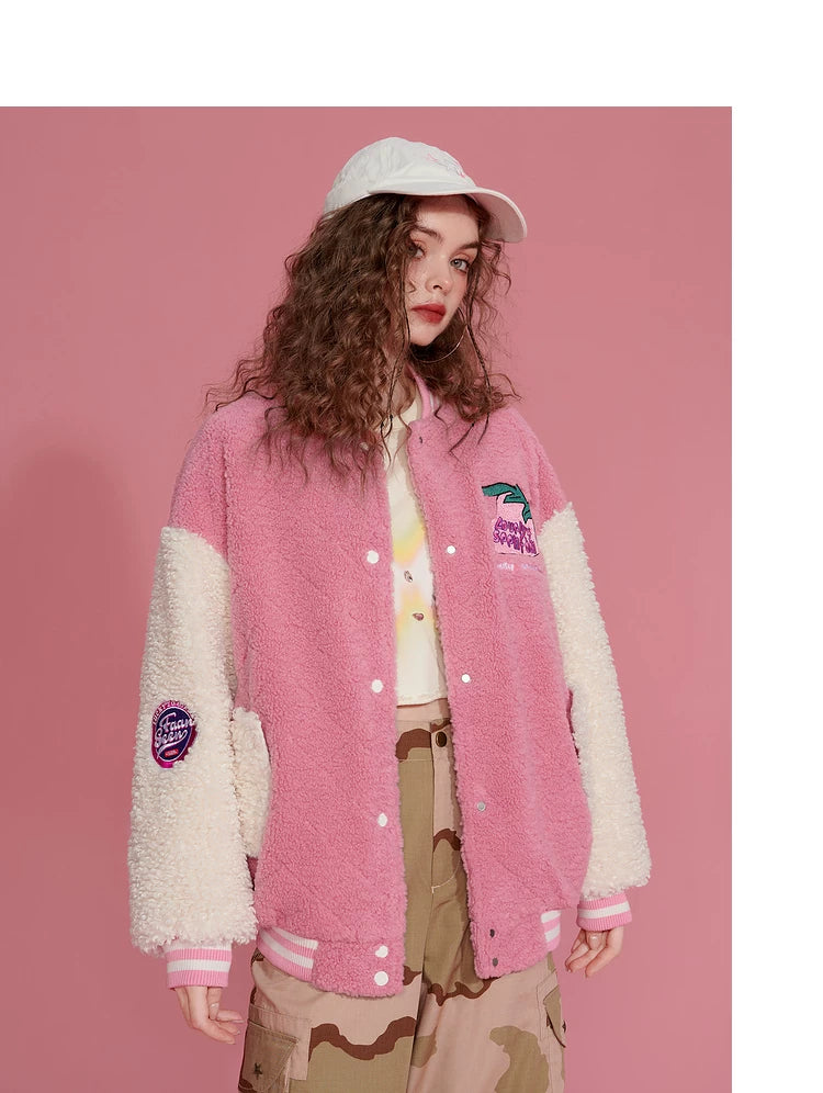 Colorblock Embroidery Fleece-Lined Baseball Jacket