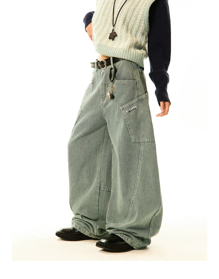 Stripe Pattern Wide Leg Denim Jeans