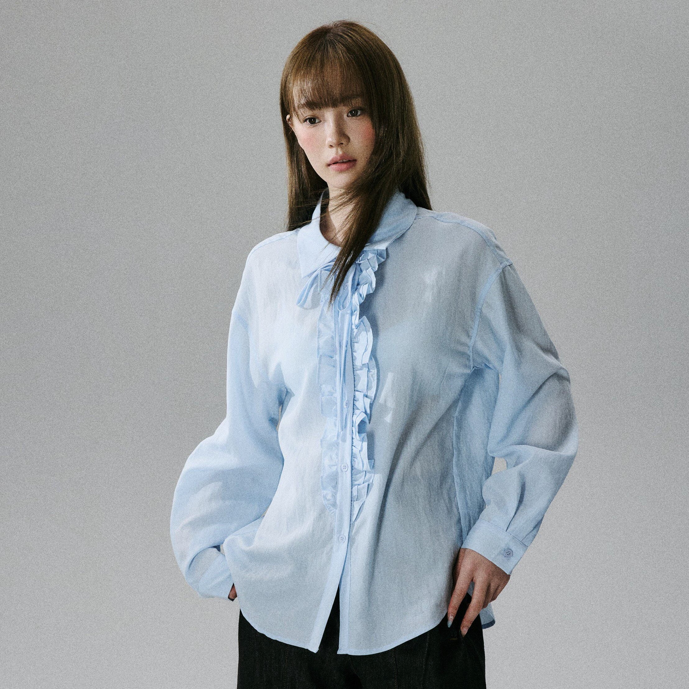 Wrinkled Lyocell Asymmetrical Bow Strap Sunscreen Long Sleeve Shirt