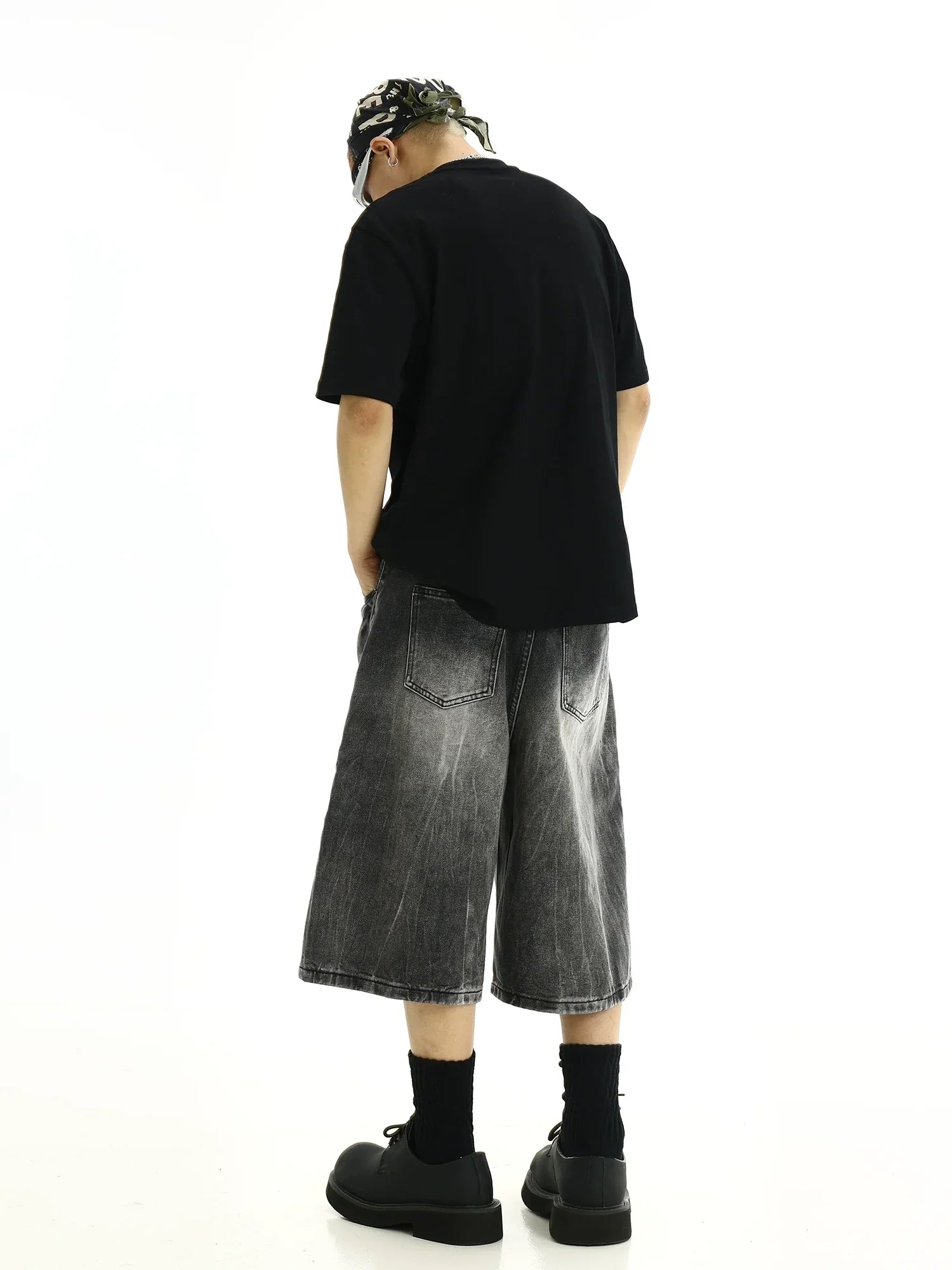 Washed Wide Leg Straight Denim Short Pants