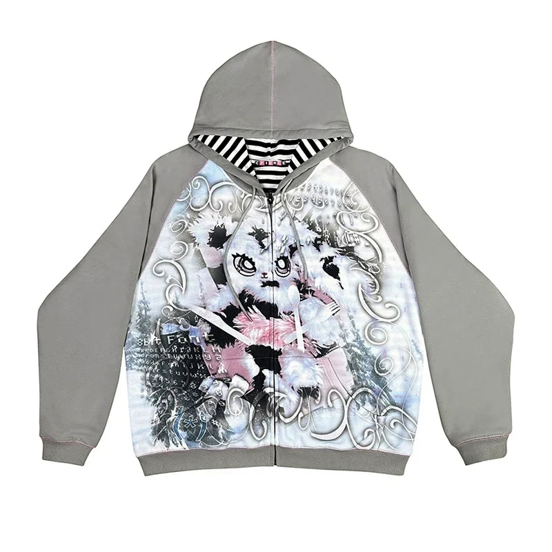 Sweat à capuche oversize à motif lapin avec fermeture éclair