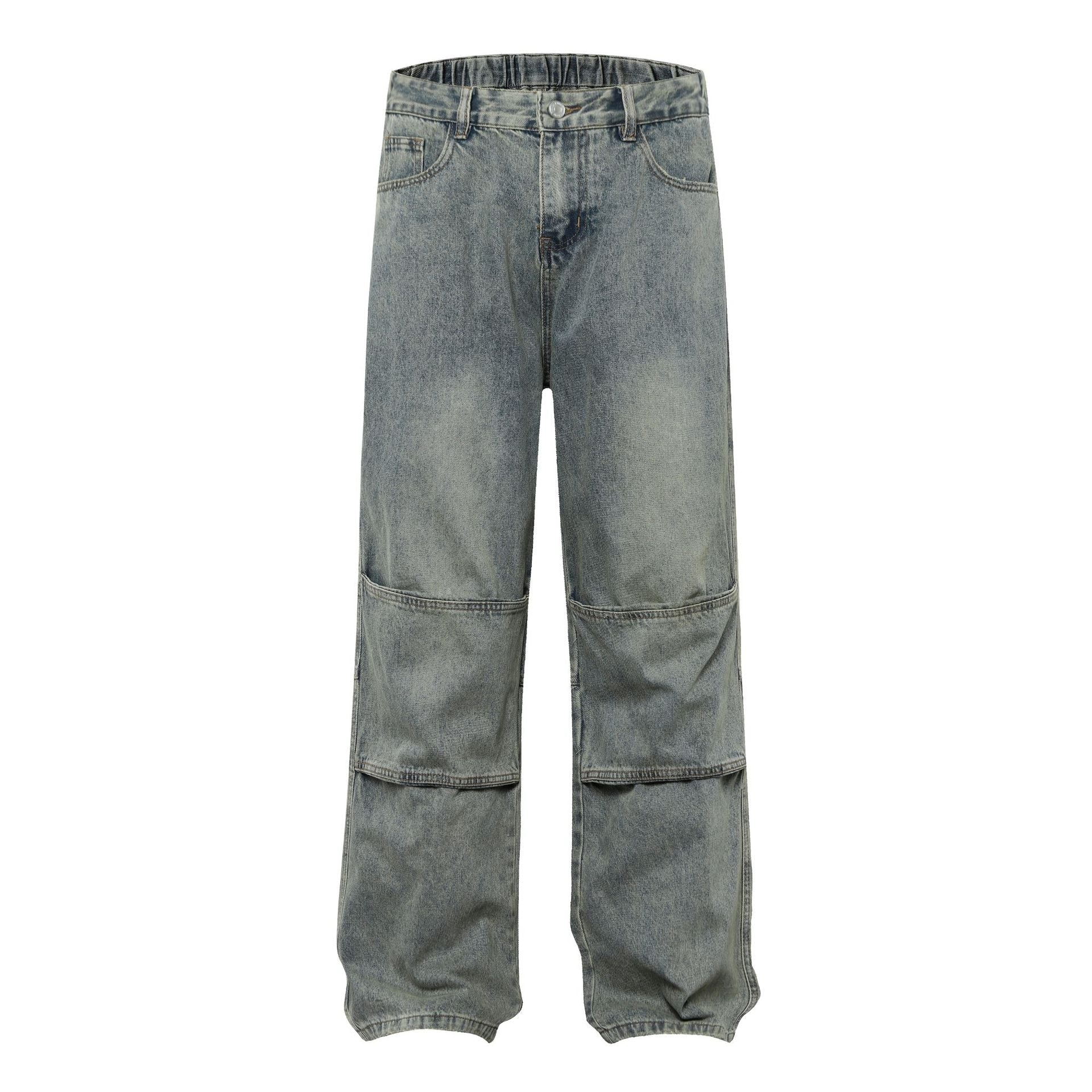 Washed Pleats Patchwork Wide Leg Denim Jeans