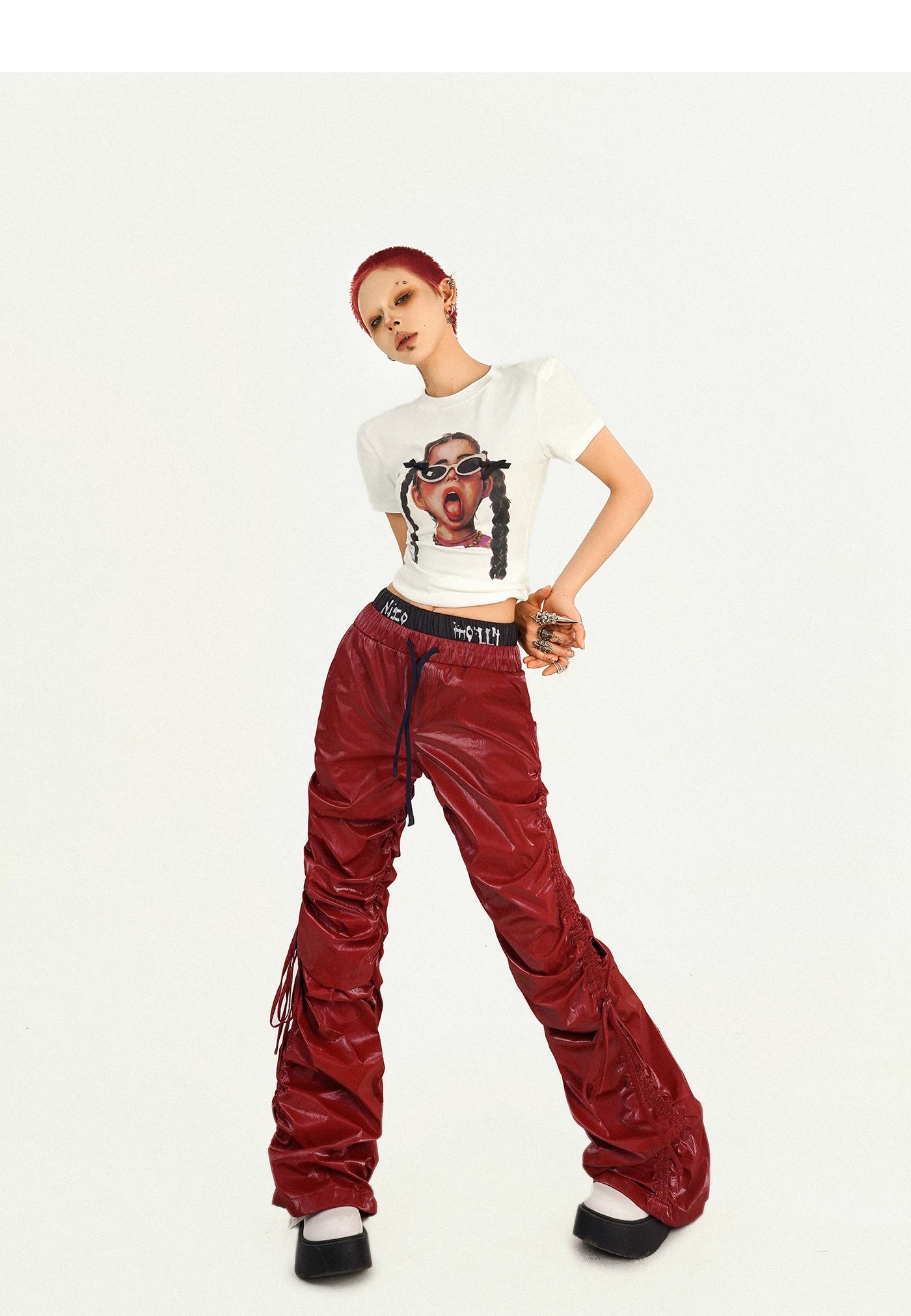 Tie Cord Pleats Double Waist Pants