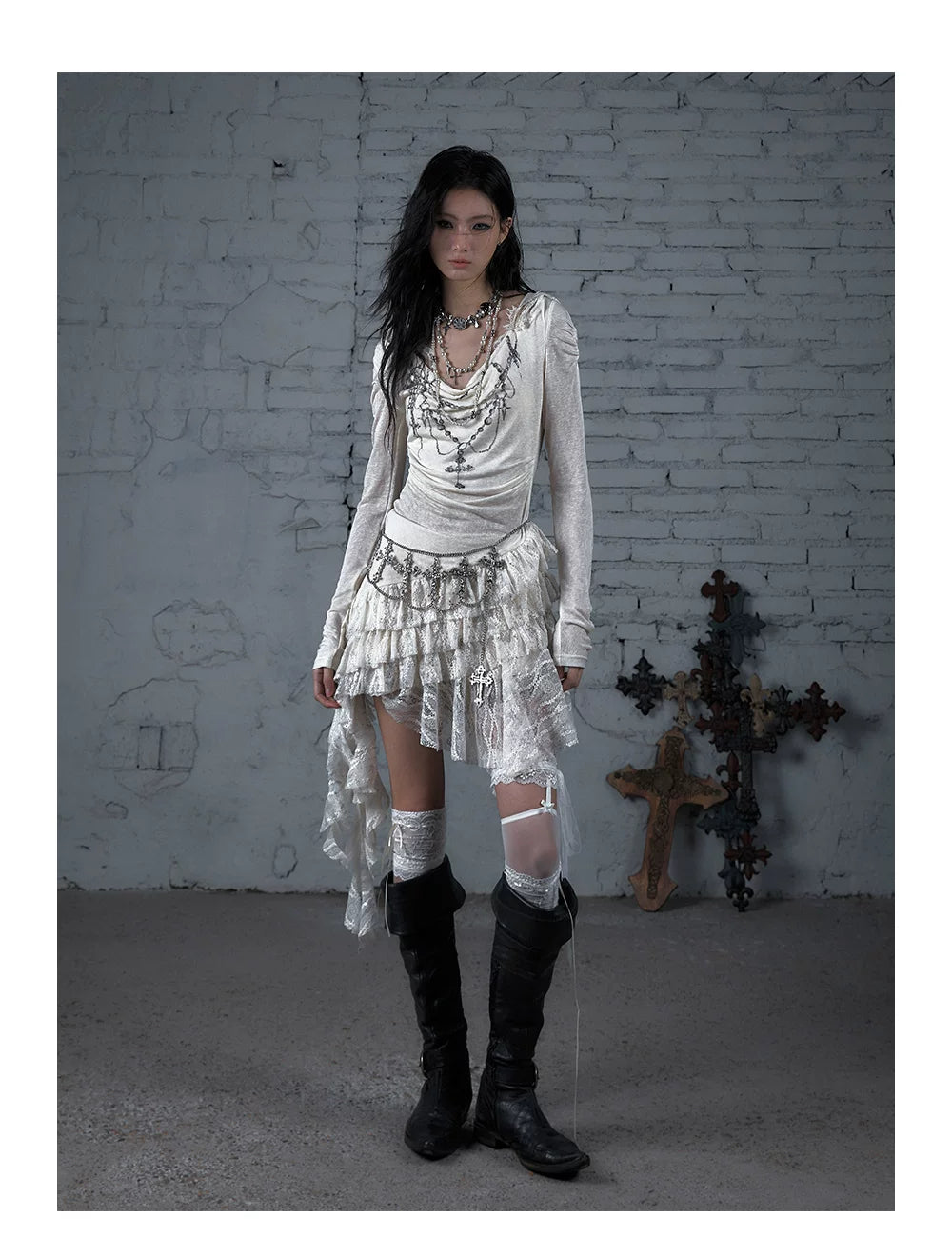 Lace Hooded Asymmetric Ruffle Dress
