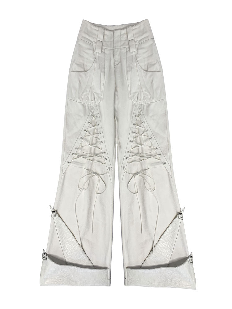 Tie-Strap Double-Waist Wide Leg Denim Jeans & Belt